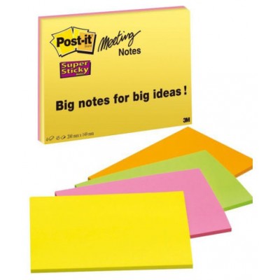 PACK 4 BLOCS 45 HOJAS NOTAS GRANDES ADHESIVAS 203X152MM SUPER STICKY COLORES SURTIDOS NEÓN 6845-SSP POST-IT 7100234637 (Espera 4 dias)