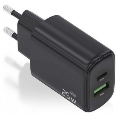 AISENS - CARGADOR 25W, 1xUSB-C PD3.0, 1xUSB-A QC3.0, NEGRO