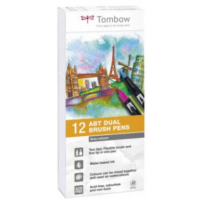 ESTUCHE 12 ROTULADORES DOBLE PUNTA PINCEL GAMA DE GRISES TOMBOW ABT-12P-3 (Espera 4 dias)