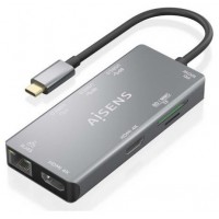 AISENS - USB-C DOCK 9 EN 1, USB-C A 2xHDMI, 1xRJ45, 2xUSB-A USB3.0, 1xUSB-A USB2.0, 1xUSB-C PD, 1xSD, 1xMICRO SD, GRIS, 15CM