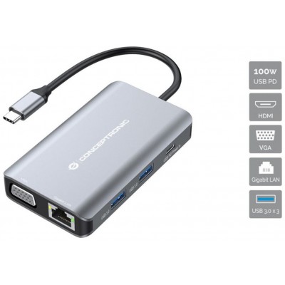 Conceptronic Docking USB-C 7in1 1xHDMI 4K  1xVGA 3xUSB-A 3.0 1xRJ45 Gigabit 1xUSB-C Alimentacion 100W