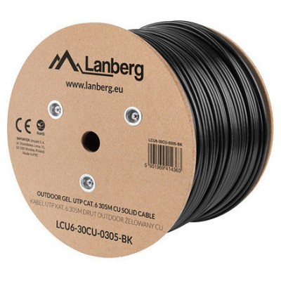 BOBINA CABLE RED LANBERG EXTERIOR UTP RJ45 CAT.6 GEL-FILLED CU AWG24 305M  NEGRO