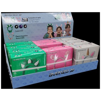 AVENZO Pack Auriculares Infantiles + Expositor: 4 Conejo + 4 Dinosaurio + 4 Unicornio + expositor